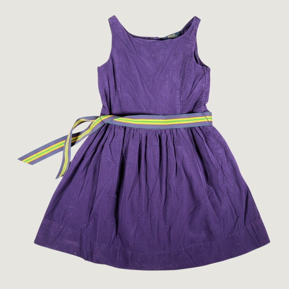 Polo Ralph Lauren Girls Purple Corduroy Dress Striped Belt Size 12 Sleeveless